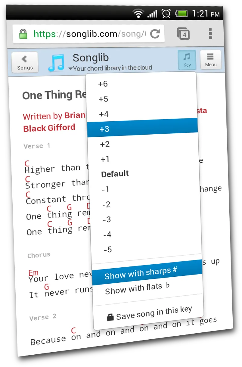 Screenshot of transposing a song